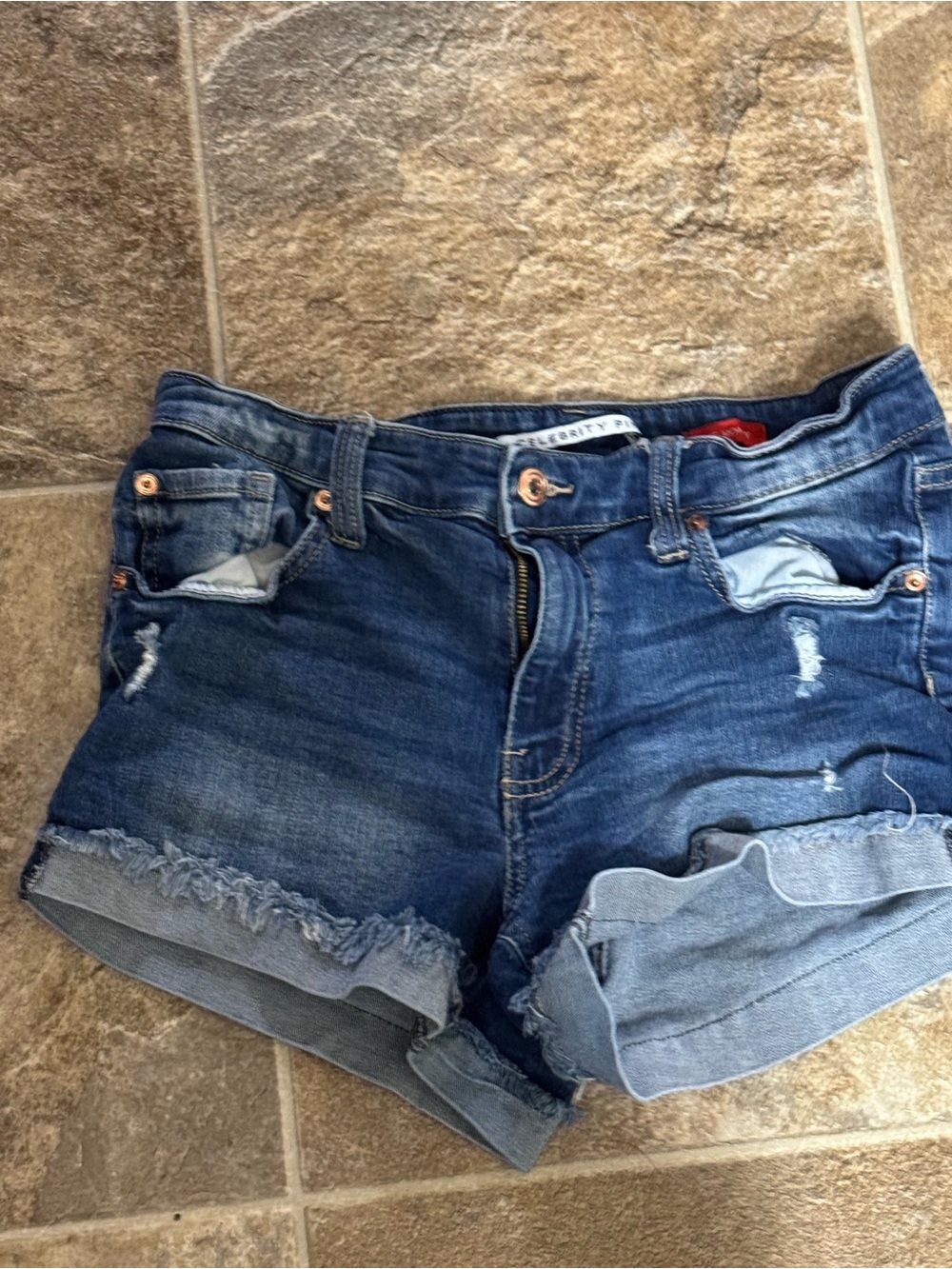 Celebrity Pink Dark Blue Distressed Denim Roll-Cuff Shorts